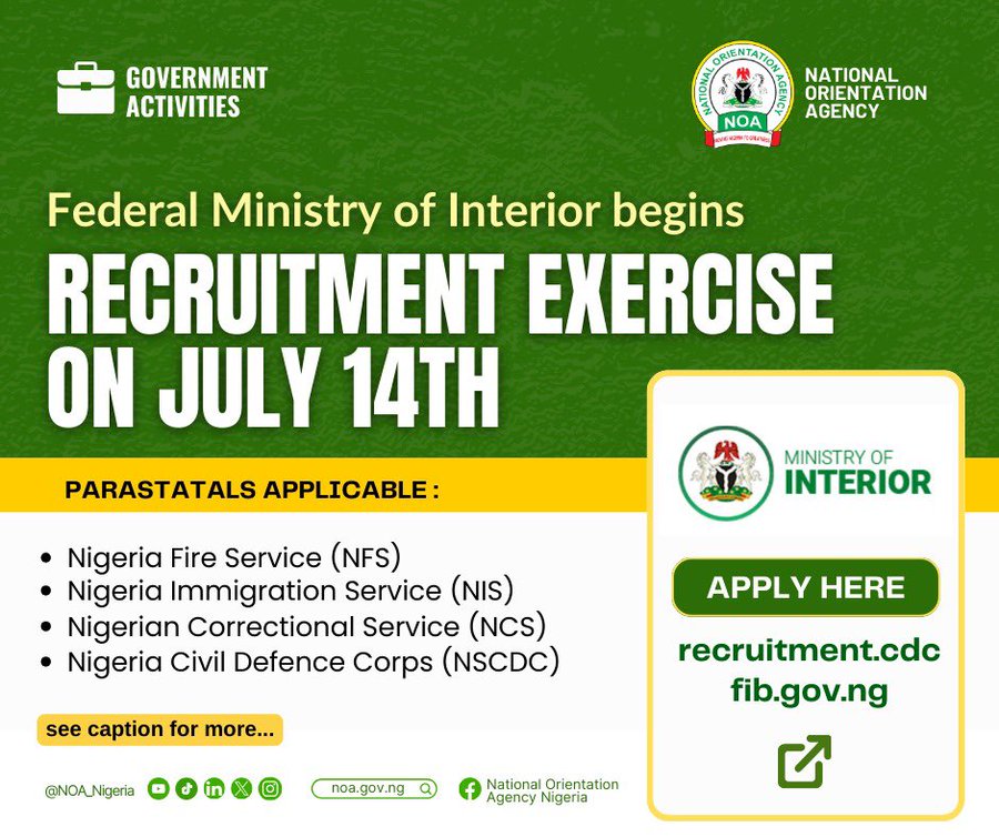 Nigeria Interior Ministry Announces Recruitment for Parastatals