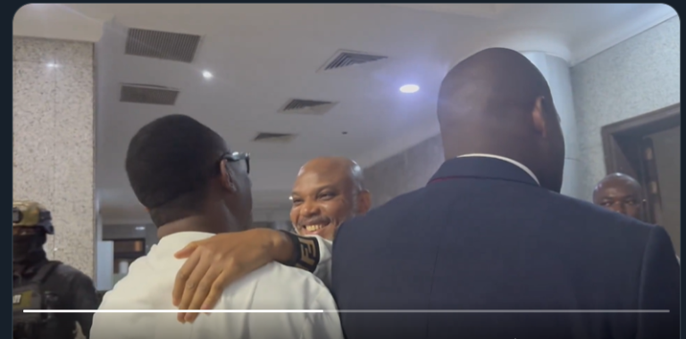 Emotional Encounter as Sowore Meets Nnamdi Kanu in Abuja Court