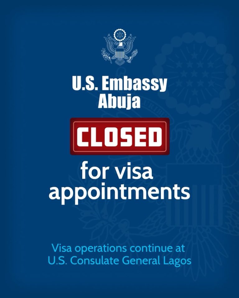 US Embassy in Abuja suspends visa appointments after authorising non-emergency staff and relations to leave